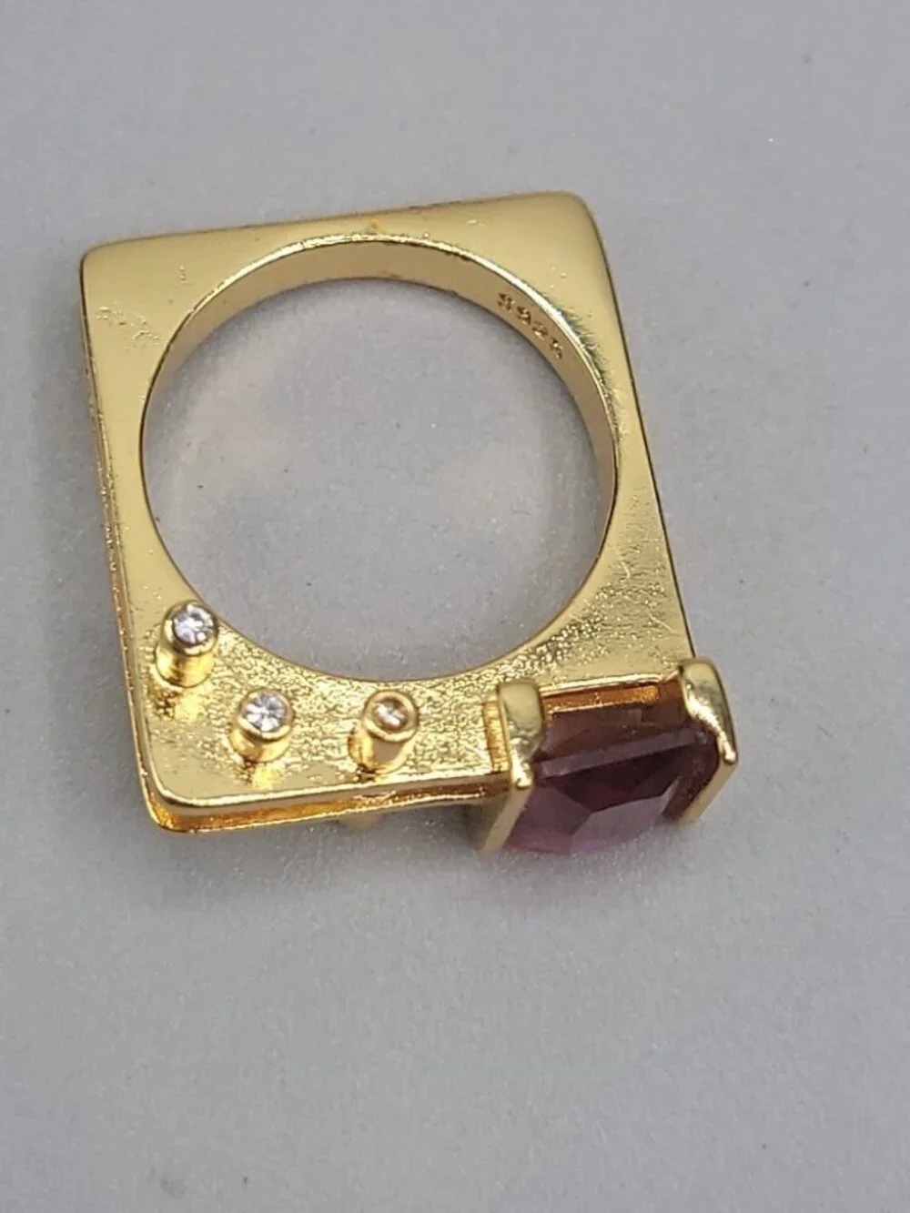 VTG Gold Vermeil Geometric Statement Ring Emerald Cut Pink Red Crystal 925 8.6